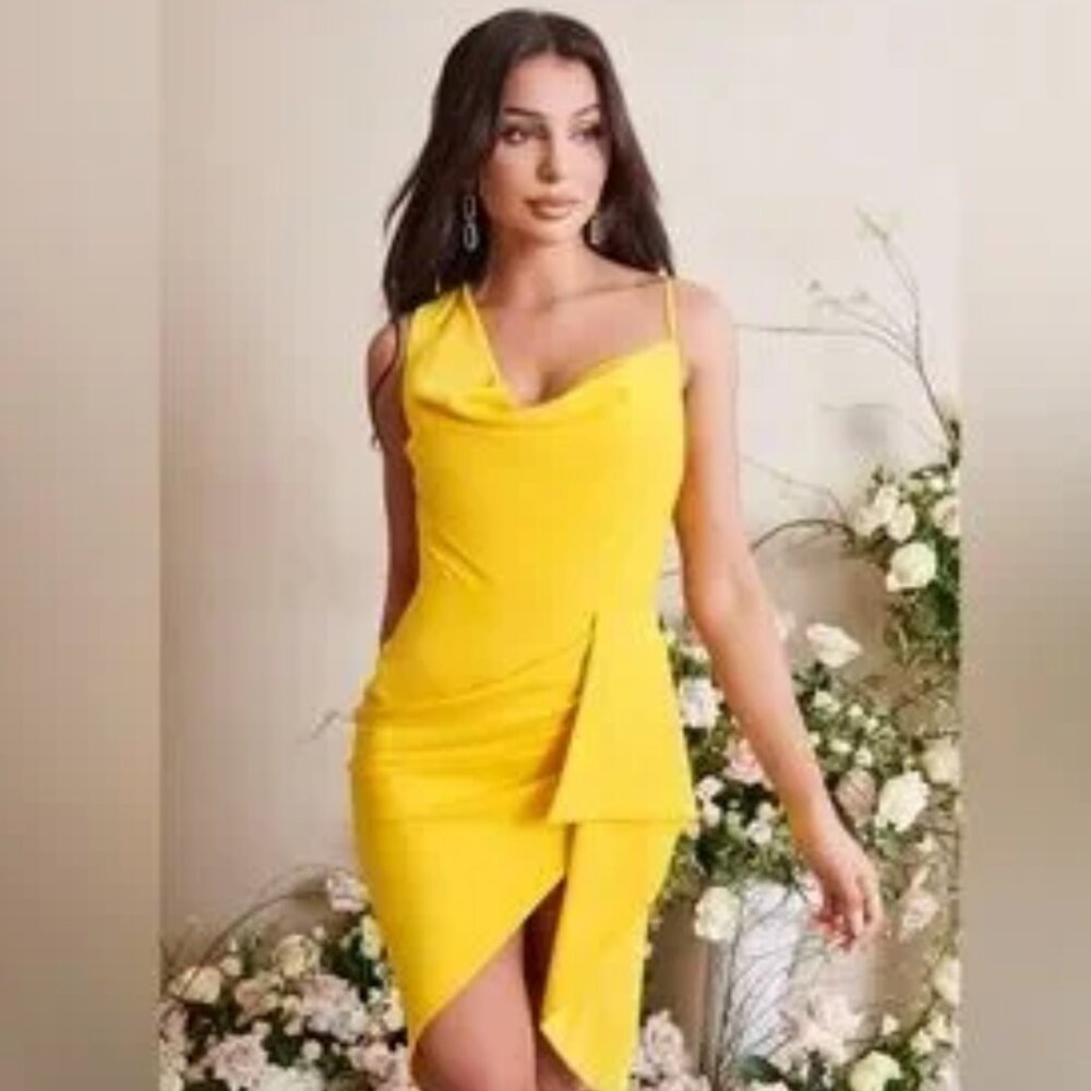 Lavish Alice Emma Cowl Neck Mini Wrap‎ Formal Cocktail Dress in Yellow NWT Sz 12